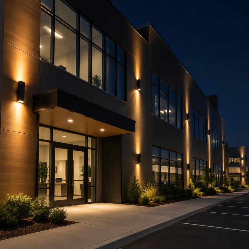 Commercial building exterior lit by wall lights at night
