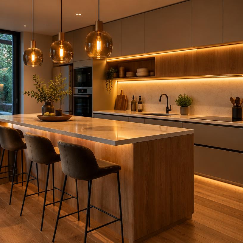 Modern kitchen with warm pendant and LED strip lighting